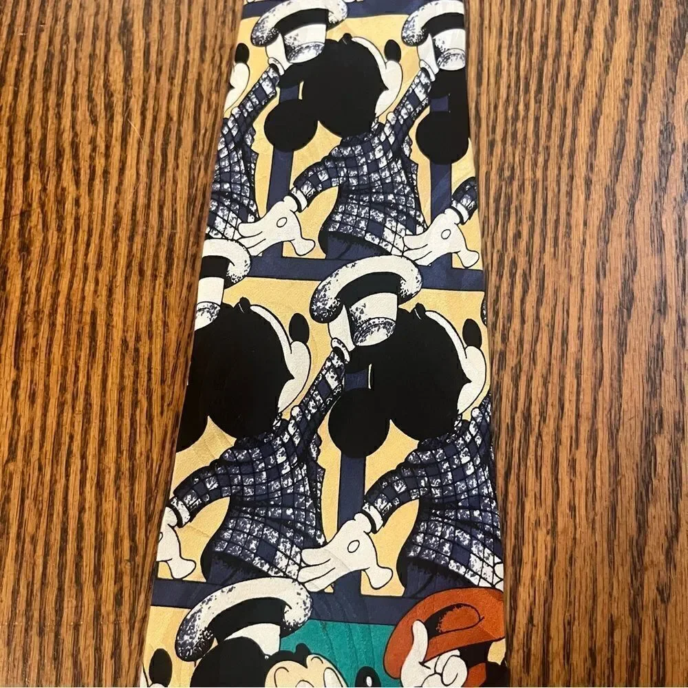 Vintage 90s Disney Mickey Mouse Showtime Silk Novelty Tie Plaid Statement EUC